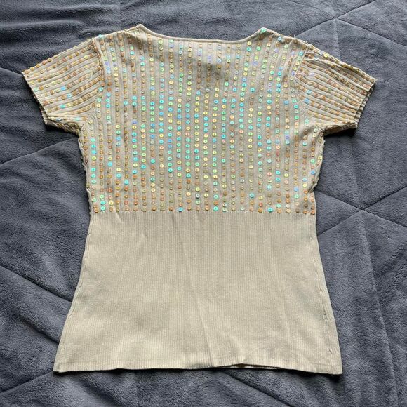 Vintage Y2K Marc Bouwer Sequin Square Neck Short Sleeve Yellow Sweater Top Sz M - Picture 4 of 6